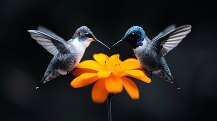 Fototapeta premium vibrant hummingbirds feeding on orange flower in nature scene