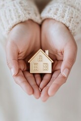 Delicate hands support a small golden house, radiating warmth and protection. The soft lighting highlights intricate details against a clean neutral backdrop, evoking feelings of safety and prestige