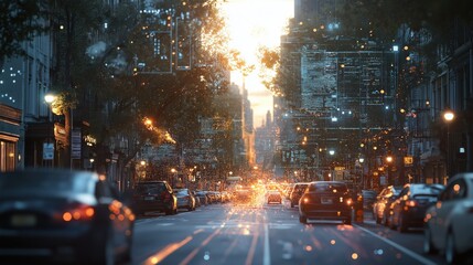Fototapeta premium A busy city street with cars and a large tree in the middle