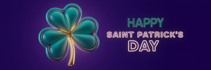 Fototapeta premium A creative minimalist Saint Patrick's Day poster design with a neon theme. It features a 3D render of a shamrock with glowing green leaves and a golden center. 