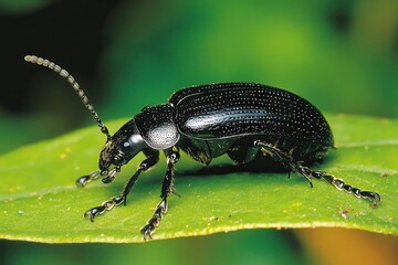 Shiny Black Beetle on Green Leaf