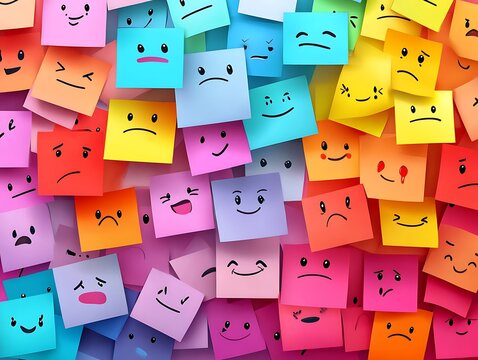 Colorful sticky notes with faces, emotions, background. Use Presentation, design, social media