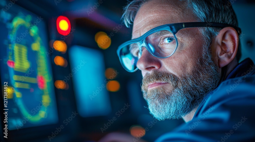 Poster close up portrait of a focused man with a beard, wearing glasses, and working at a control panel wit