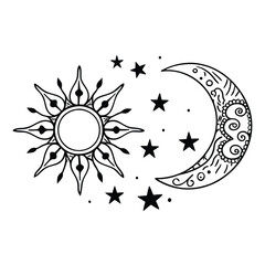 Boho Sun and Moon
A boho-inspired line art featuring a sun and moon with intricate celestial patterns and stars. Adobe Illustrator Artwork