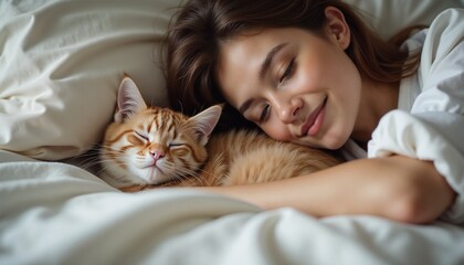 Young woman cuddling with her cute orange cat in a cozy bed with soft pillows