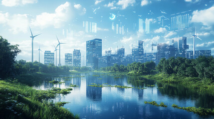 In a futuristic city with wind turbines and floating digital elements above.