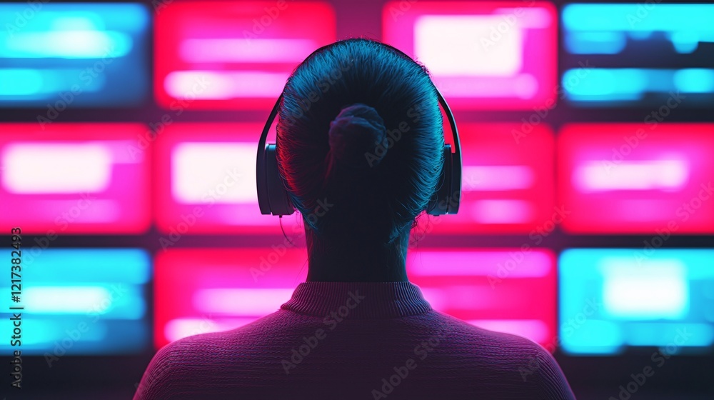 Poster a person with headphones is immersed in colorful screens displaying vibrant lights and patterns, cre