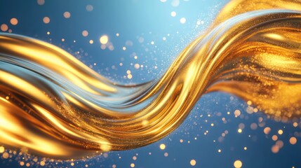 golden liquid on a blue background with sparkles and bokeh lights.