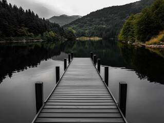 Naklejka premium Serene lake view with a wooden dock.