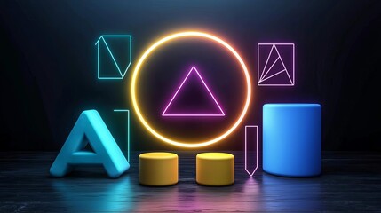 Business team building brainstorm goal imagine innovation Colorful geometric shapes with neon lights.