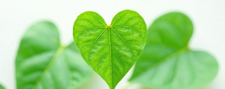 Closeup of heart-shaped leaves with veins on white background, guduchi, organic