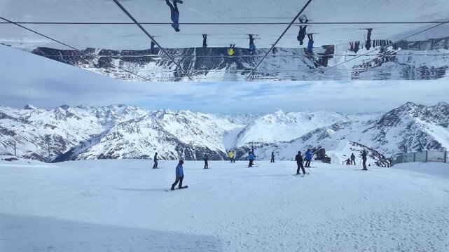 Winter landscape on the Gaislachkogel mountain with snow and blue sky. Soelden ski resort, Oetztal, Austria