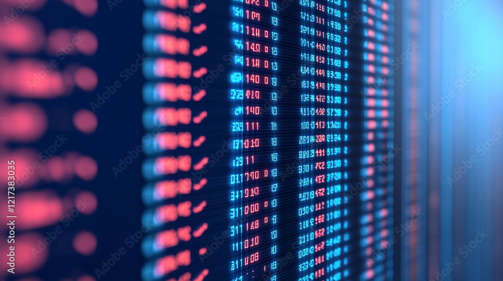 Poster an abstract visualization of digital data, featuring vibrant blue and pink columns of numbers agains