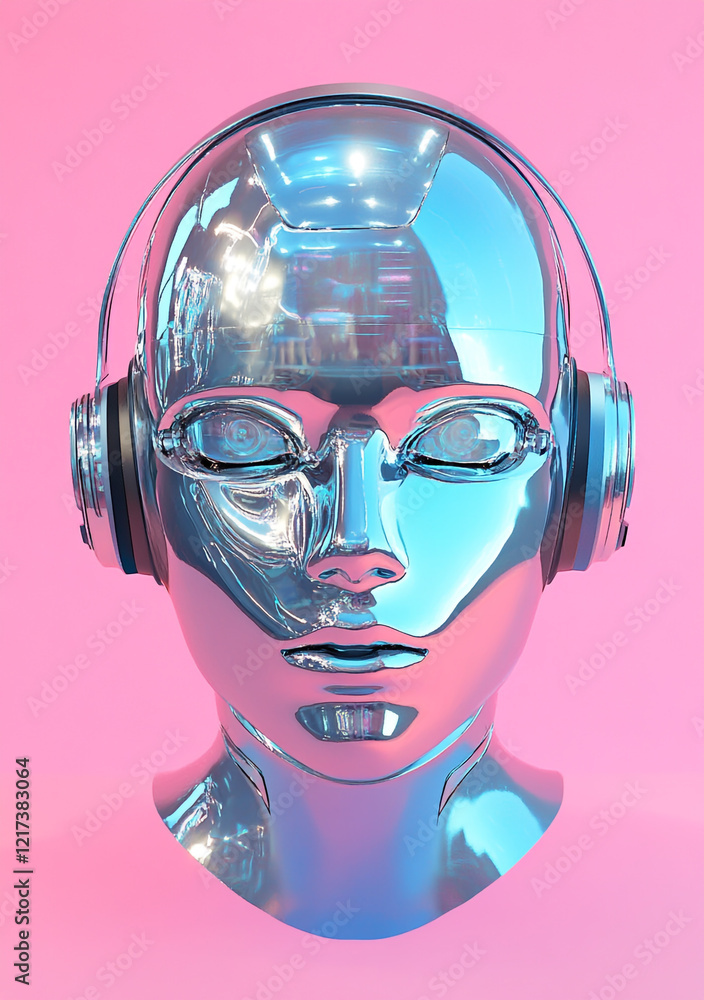 Poster a futuristic head of an ai robot in 3d with holographic projection