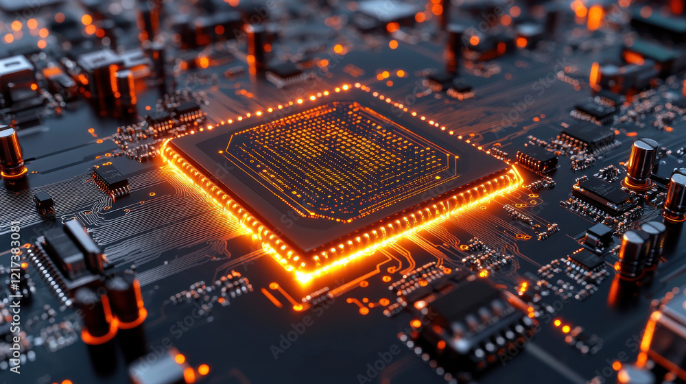 Poster close up of glowing ai chip surrounded by intricate circuitry, showcasing advanced technology and in