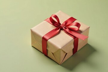 Fototapeta premium Brown paper gift wrapped with horizontal folds and ribbon, parcel, wrapping,