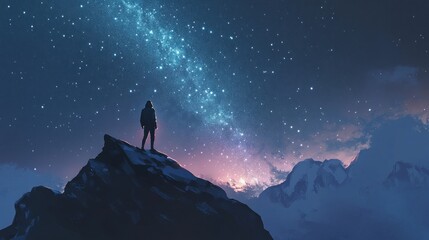 Fototapeta premium Solitary figure on snowy mountain peak gazing at starry night sky and Milky Way.