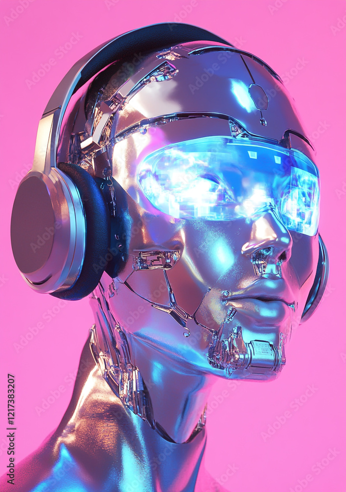 Poster a futuristic head of an ai robot in 3d with holographic projection