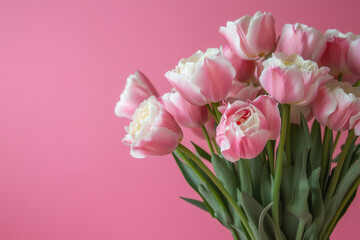 Obraz premium Beautiful Spring Floral Composition: Pink Tulip Bouquet on Pastel Pink Background for Valentine's Day, Birthday, Women's Day, or Mother's Day