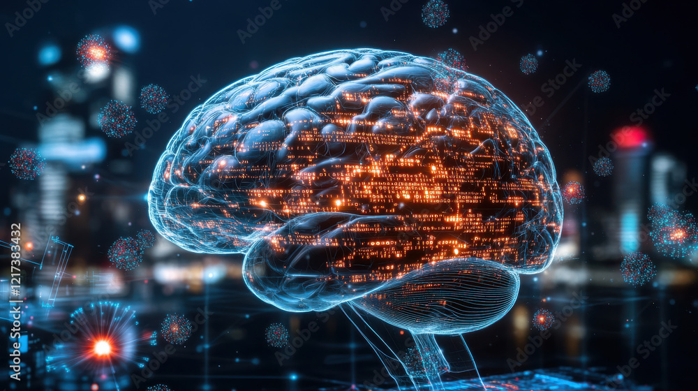 Aufkleber cybernetic brain illuminated with glowing lines, symbolizing advanced technology and connectivity in