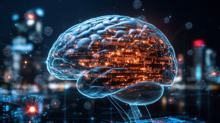 cybernetic brain illuminated with glowing lines, symbolizing advanced technology and connectivity in futuristic cityscape