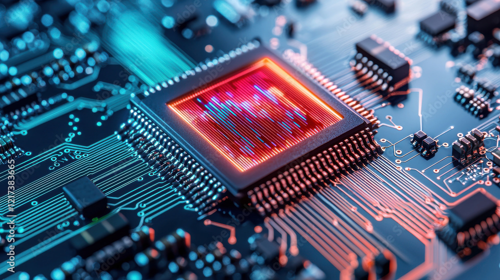 Aufkleber detailed close up of glowing microchip with intricate circuitry, showcasing vibrant colors and advan