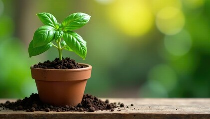 Basil plant with visible roots in a wooden planter, planter, natural