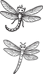 Cute dragonfly set line art vector illustration.