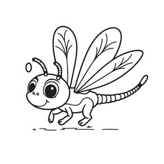 Cute single dragonfly black line art vector on white background.