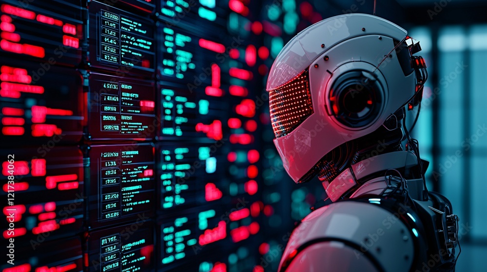 Aufkleber a futuristic robot stands in front of a high-tech display, featuring glowing data panels in blue and