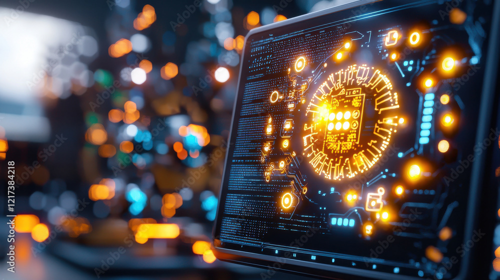 Poster digital hologram of futuristic smart factory showcasing advanced technology and intricate circuitry.