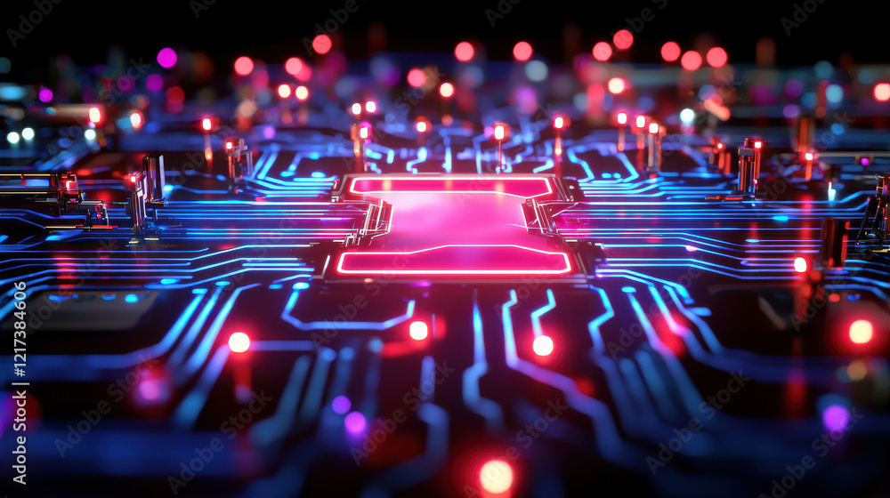 Poster futuristic circuit board with glowing lights and intricate patterns, showcasing advanced technology 