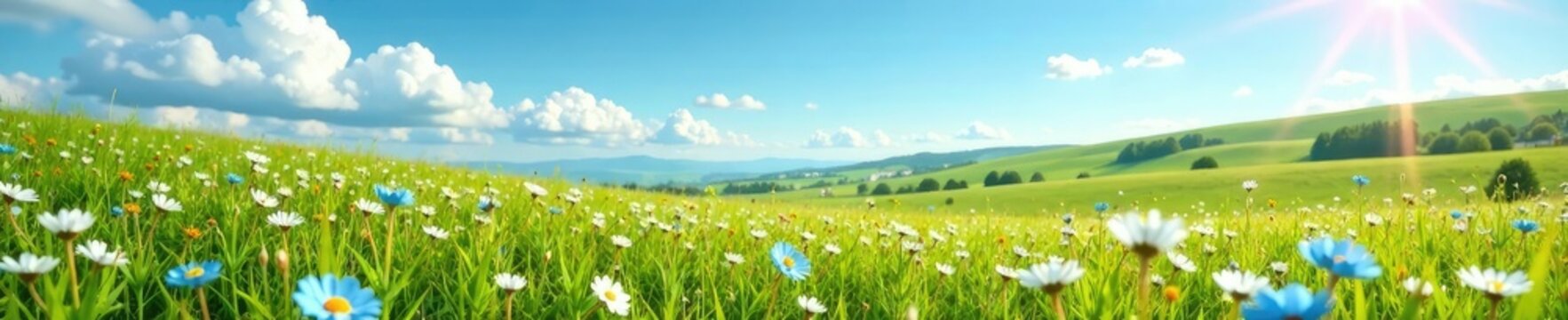 A field of Forget Me Nots in the distance, with a few wispy clouds in the sky, rolling hills, landscape