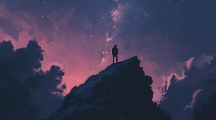 Fototapeta premium Solitary figure silhouetted against a vibrant night sky, standing atop a snow-capped mountain peak, gazing at the stars and milky way.