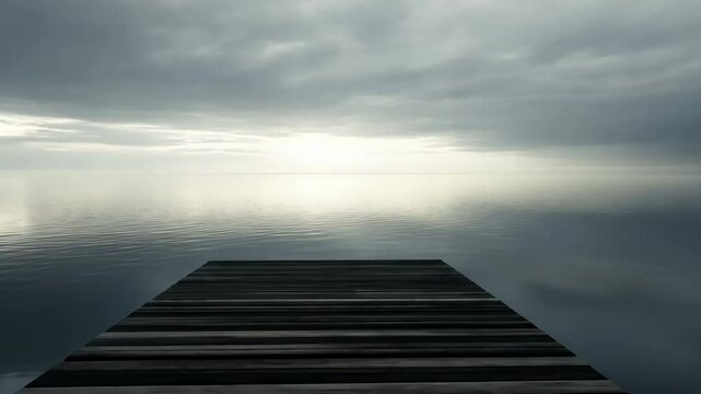 Peaceful dock overlooking calm water at sunrise