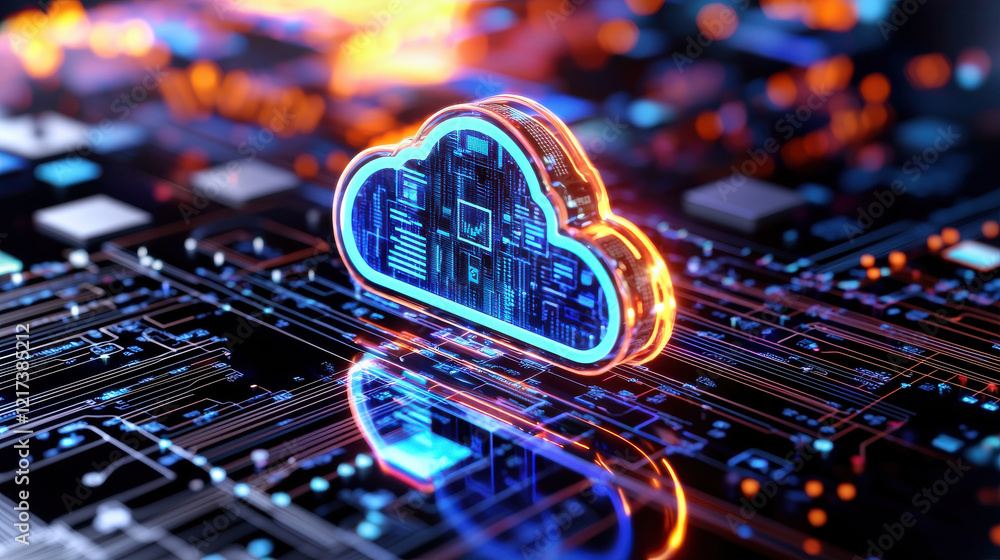 Poster futuristic cloud symbol representing digital technology and data storage, glowing against circuit bo