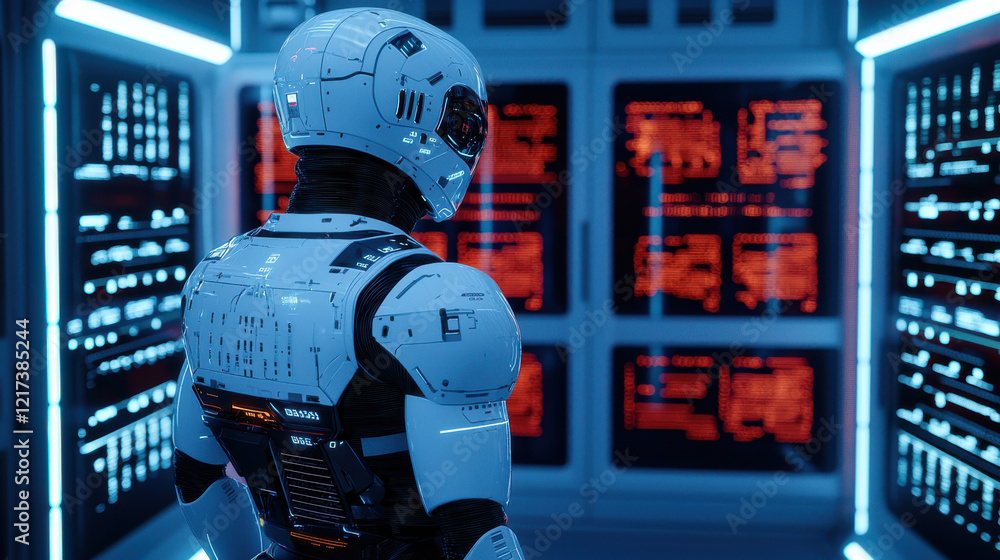 Poster futuristic humanoid ai robot stands in high tech environment, surrounded by glowing screens displayi