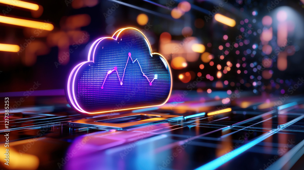 Poster futuristic cloud platform with glowing data graphs and vibrant colors, representing advanced technol