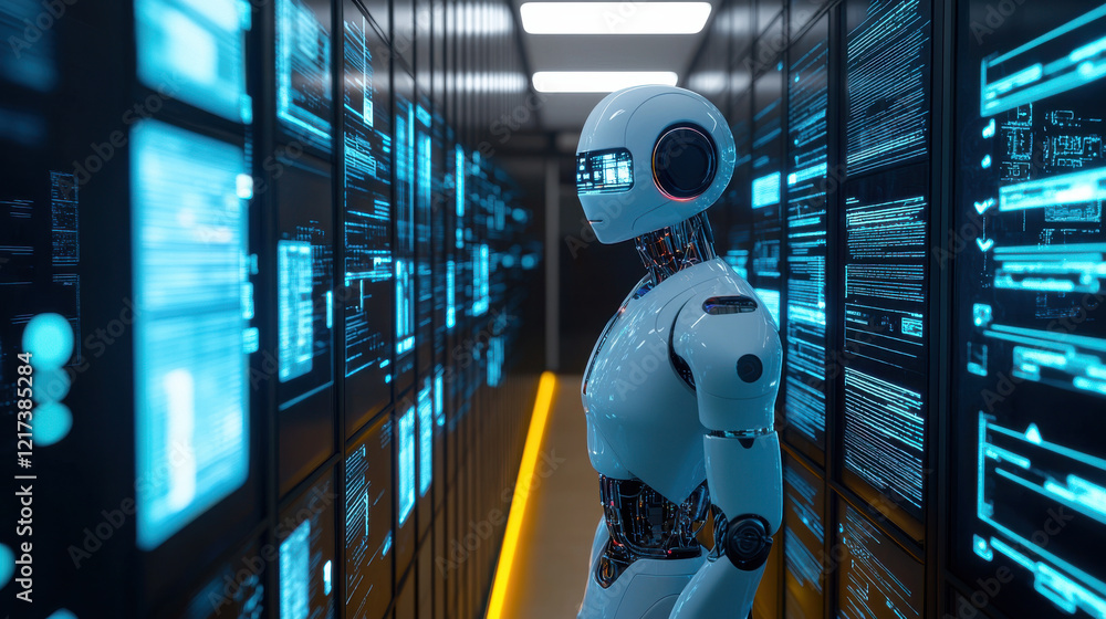 Poster futuristic humanoid ai robot stands in glowing data center, surrounded by illuminated screens displa