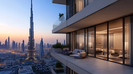 Luxury apartment balcony overlooking Dubai skyline at sunset.