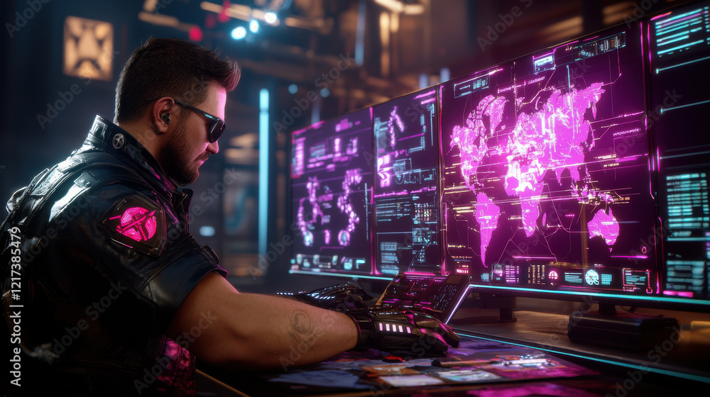 Poster futuristic tech control room featuring man in sunglasses interacting with advanced screens displayin