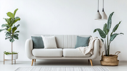 A modern living room featuring a sofa, plants, and decorative elements for a cozy atmosphere. Captivating Homeliness Living Room. white color walls,