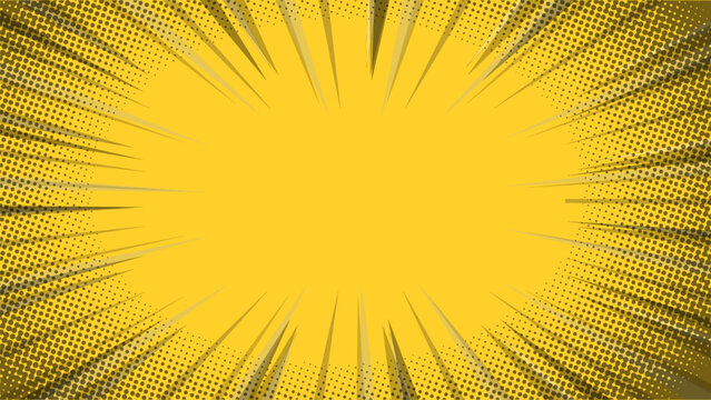 yellow comic zoom background with rays and halftone dots Vector.