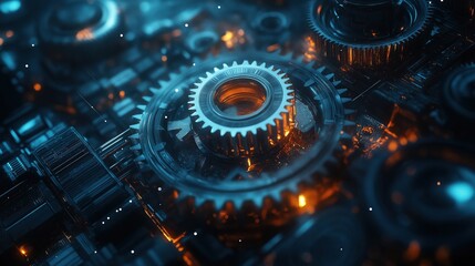 A close up of a mechanical gear with a blue background