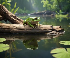 Green frog perched on a submerged log in the pond, green frog, semi-aquatic amphibian, European frog species