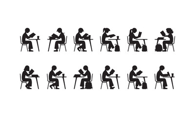 Fototapeta premium Set of Vector Silhouettes of Students Studying at Desks in Various Poses