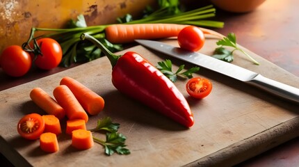 A red bell pepper and colorful carrots placed on a cutting board, perfect for a healthy recipe