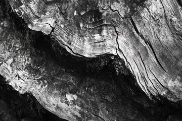 Close-up of weathered, cracked wood texture showing age and decay. Black and white photography.
