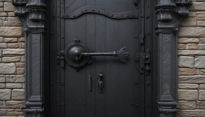 Gothic-style door made of black leather with metal hinges and a large iron knocker , gothic door, spooky atmosphere, old building