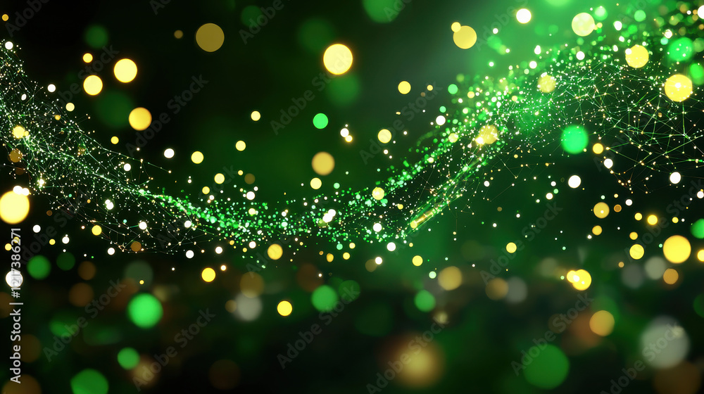 Poster glowing network of green and golden lights creating dynamic wave effect, symbolizing connectivity an